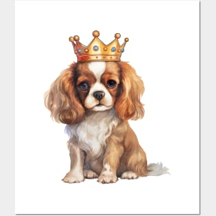 Watercolor Cavalier King Charles Spaniel Dog Wearing a Crown Posters and Art